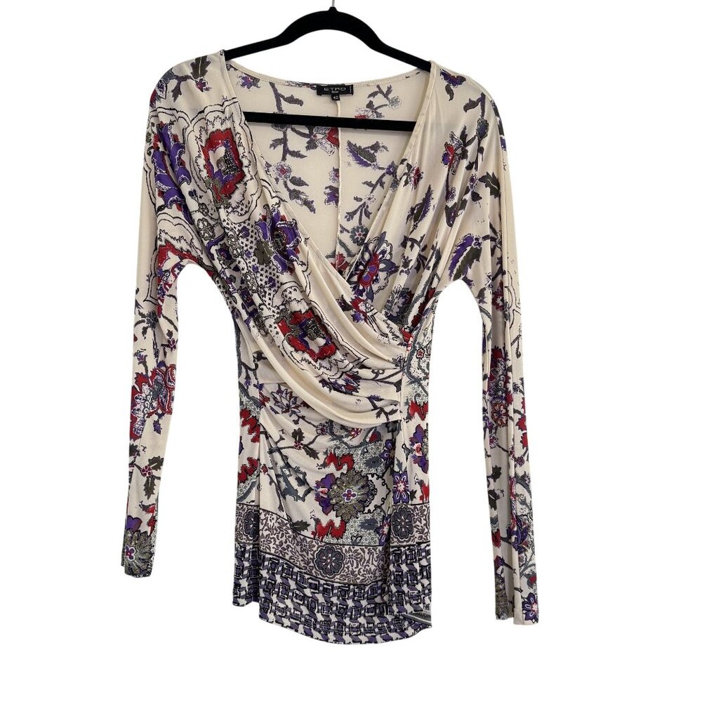 Etro Milano Floral Pattern Long Sleeve Viscose Stretch Faux Wrap Size 44 US 8